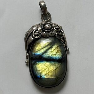 Large Labradorite & sterling silver pendant floral/leaf frame 1.7" cabochon